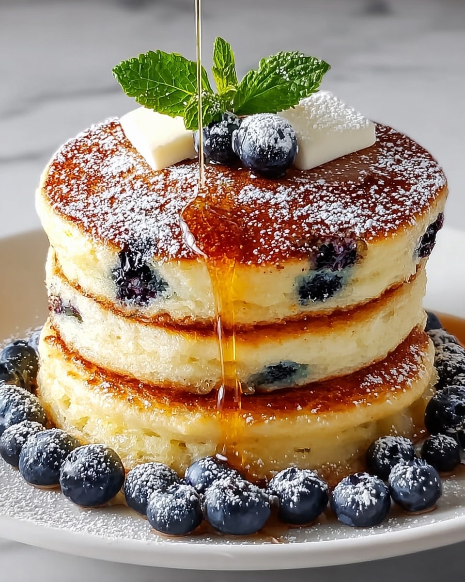 A stack of three thick, fluffy pancakes with golden-brown tops dotted with cooked blueberries is placed on a white plate. The pancakes have a soft, light yellow interior visible at the edges and are sprinkled with powdered sugar on top and around the plate. On the top pancake, there are two small white butter pats slightly melting, three fresh blueberries, and a green mint leaf for decoration. Maple syrup is pouring down the right side of the stack, pooling on the plate and glistening in the light. More fresh blueberries surround the base of the pancake stack on the plate, all set against a white marbled background. Photo taken with an iphone --ar 4:5 --v 7