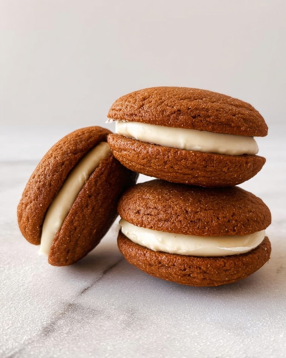 The image shows three sandwich cookies stacked on a white marbled surface. Each cookie has two round, soft, brown layers with a slightly textured surface, sandwiching a thick layer of smooth, creamy off-white filling. Two cookies lie side by side on the surface while a third one is placed on top, leaning slightly. The background is plain and light, emphasizing the warm tones of the cookies. Photo taken with an iphone --ar 4:5 --v 7