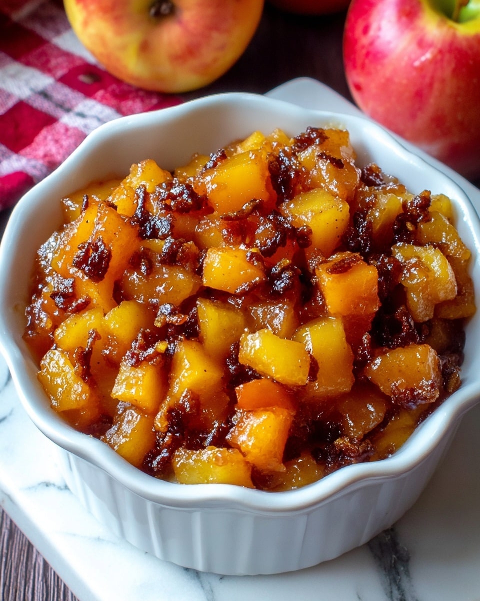 A white scalloped bowl filled with a chunky, cooked fruit mixture. The dish has visible layers of diced yellow and orange fruit pieces, likely apples and squash or sweet potatoes, glossy with syrup. Dark brown bits, possibly caramelized sugar or spices, are scattered on top and between the fruit chunks, adding texture and contrast. The bowl rests on a white marbled surface with parts of an apple and a red checkered cloth visible in the background. The colors are warm and inviting, showing a rich, melted texture throughout the dish. photo taken with an iphone --ar 4:5 --v 7