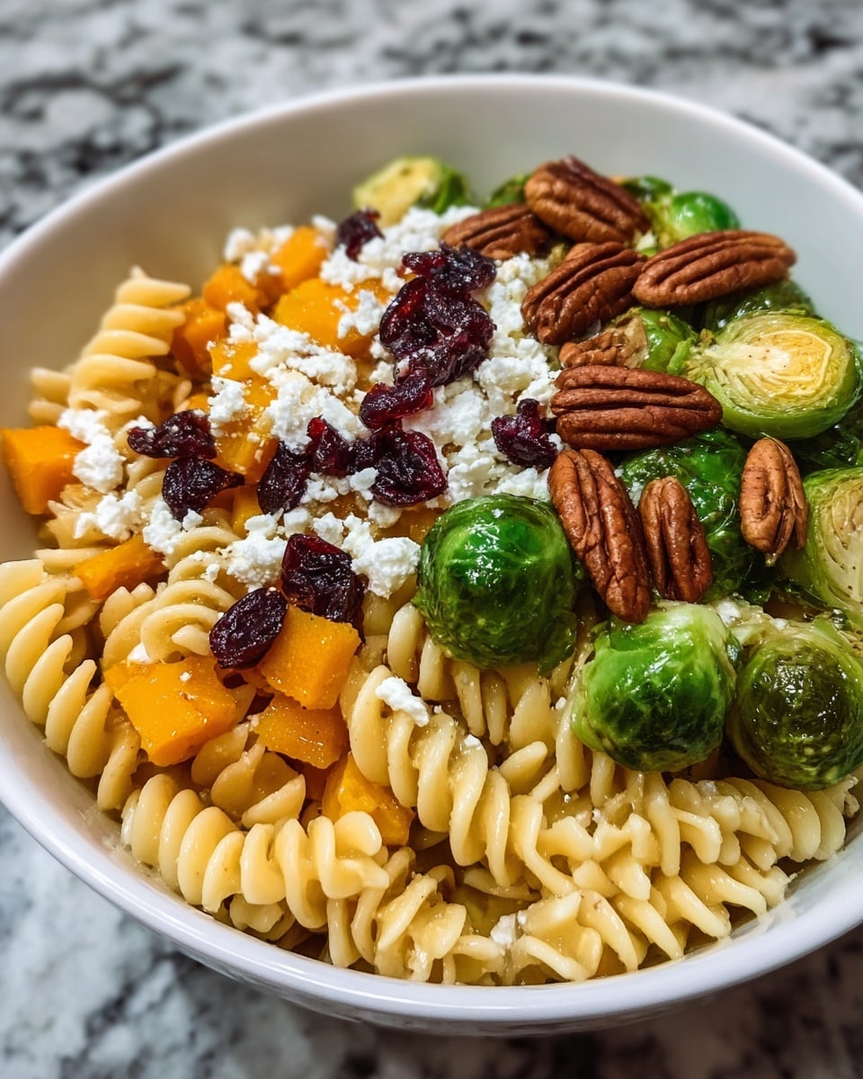 A white bowl filled with three layers: the bottom layer is light yellow spiral pasta, mixed with orange chunks of roasted squash; the middle layer shows bright green halved Brussels sprouts with a roasted texture; the top layer is sprinkled with white crumbled cheese, dark red dried cranberries, and whole glossy brown pecans, all sitting on a white marbled surface. photo taken with an iphone --ar 4:5 --v 7