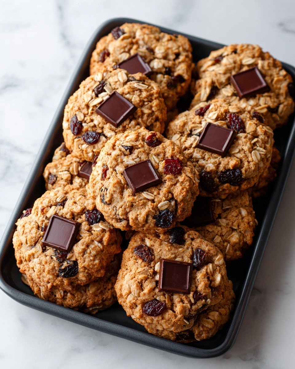 The image shows a black tray holding seven oatmeal cookies arranged in two layers, with one cookie stacked on top of another in the middle. Each cookie is light brown with visible oats and dark raisins embedded within the dough. The top of every cookie has a small square of dark chocolate placed gently on it. The tray is set on a white marbled surface, giving a clean and fresh look. Photo taken with an iphone --ar 4:5 --v 7