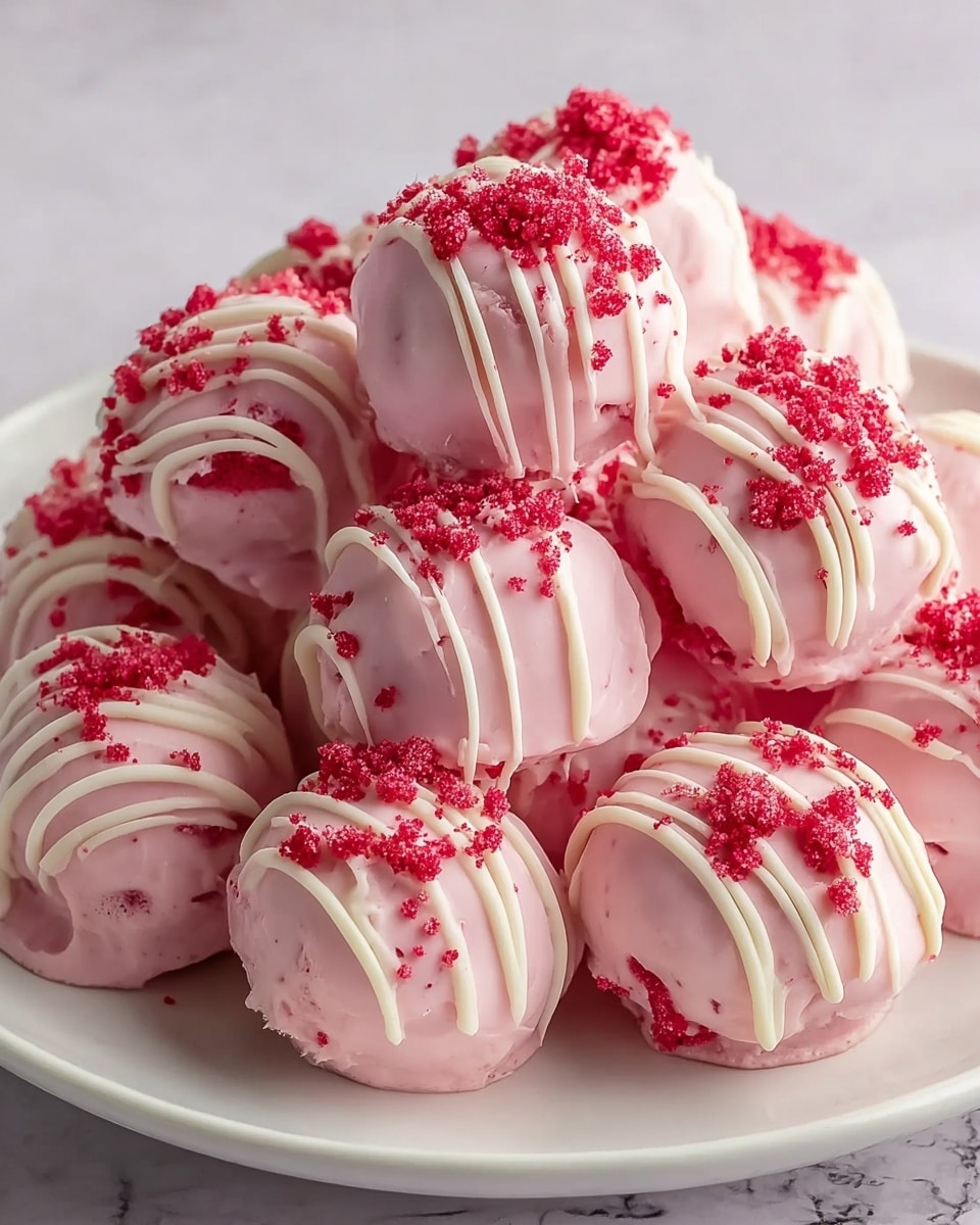 A white plate filled with round pink cake balls, each coated in a smooth pink layer and drizzled with thin lines of white icing. On top of each cake ball, there are bright red crumb sprinkles adding texture and color contrast. The cake balls are piled high, showing creamy layers beneath the pink coating in some spots. The background has a white marbled texture, giving a clean and soft look to the image. photo taken with an iphone --ar 4:5 --v 7