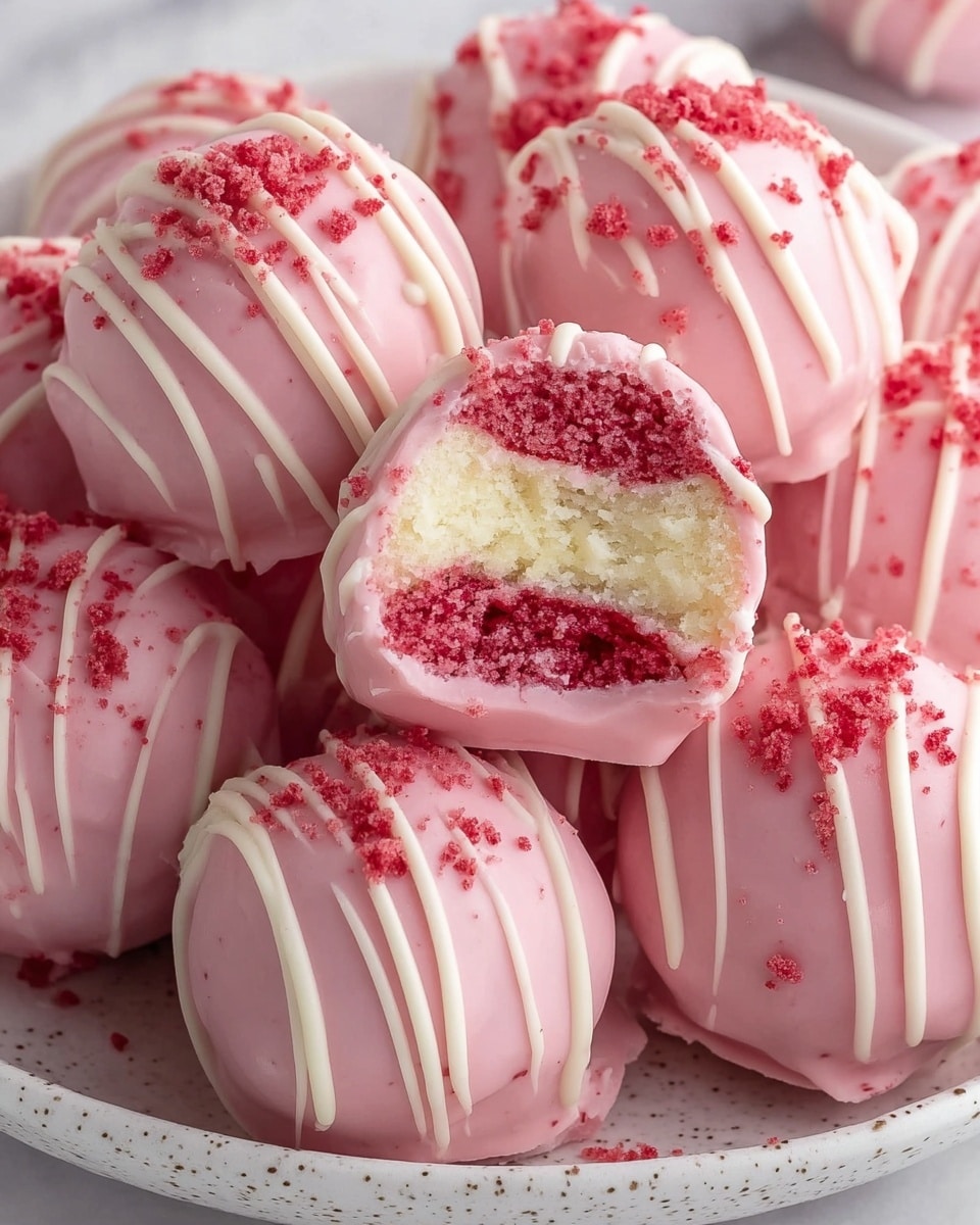 A group of round cake balls covered in smooth pink icing with white icing drizzled in diagonal lines on top. Each cake ball has a light pink crumb coating with small red crumb sprinkles scattered on the tops. One cake ball is cut open, showing three layers inside: the outer pink icing layer, a white creamy middle layer, and a bottom layer of red and pink soft cake. The cake balls are placed closely together on a white speckled plate, all set against a white marbled background. photo taken with an iphone --ar 4:5 --v 7