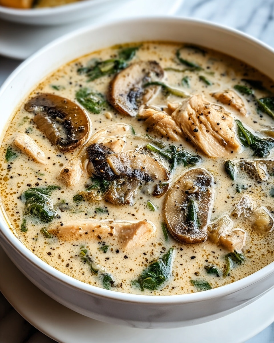 The image shows a close-up view of a creamy soup served in a white bowl on a matching white bowl underneath, all placed on a white marbled surface. The soup has a smooth, light beige creamy base with small specks of black pepper and bits of green spinach leaves scattered throughout. There are several large, thick slices of cooked mushrooms with a browned, slightly shiny texture, and chunks of tender white chicken meat floating on the surface. The overall look is rich and thick with a mix of creamy, green, and brown colors creating a warm and hearty appearance. Photo taken with an iphone --ar 4:5 --v 7
