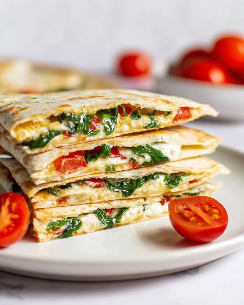 A stack of four triangular quesadilla slices is placed on a white plate on a white marbled surface. Each slice shows three thin layers of light brown, crisp tortilla with a golden crust, filled with creamy white cheese, bright green spinach leaves, and small pieces of red tomato. The fillings look fresh and slightly melted, spreading evenly inside the quesadilla. Two halved red cherry tomatoes rest near the plate. The background is blurred with hints of red and white dishes. Photo taken with an iphone --ar 4:5 --v 7