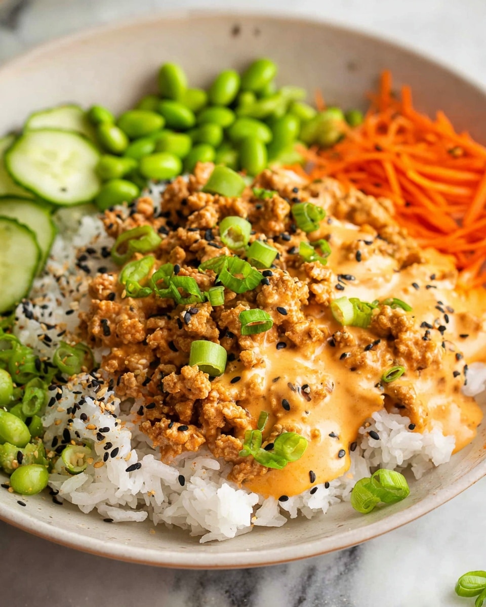 A white bowl holds a colorful dish arranged in layers: at the bottom, a bed of white rice is visible on the left; next to the rice, bright green edamame beans form the second layer, followed by thinly sliced fresh cucumber rounds with a deep green skin and light green centers, placed on the right side; shredded orange carrots occupy the top left corner. On top of the rice and edamame sits a layer of cooked crumbled ground meat coated with a creamy orange spicy sauce, sprinkled with black sesame seeds and garnished with sliced green onions scattered over the sauce. The background shows a white marbled texture. Photo taken with an iphone --ar 4:5 --v 7