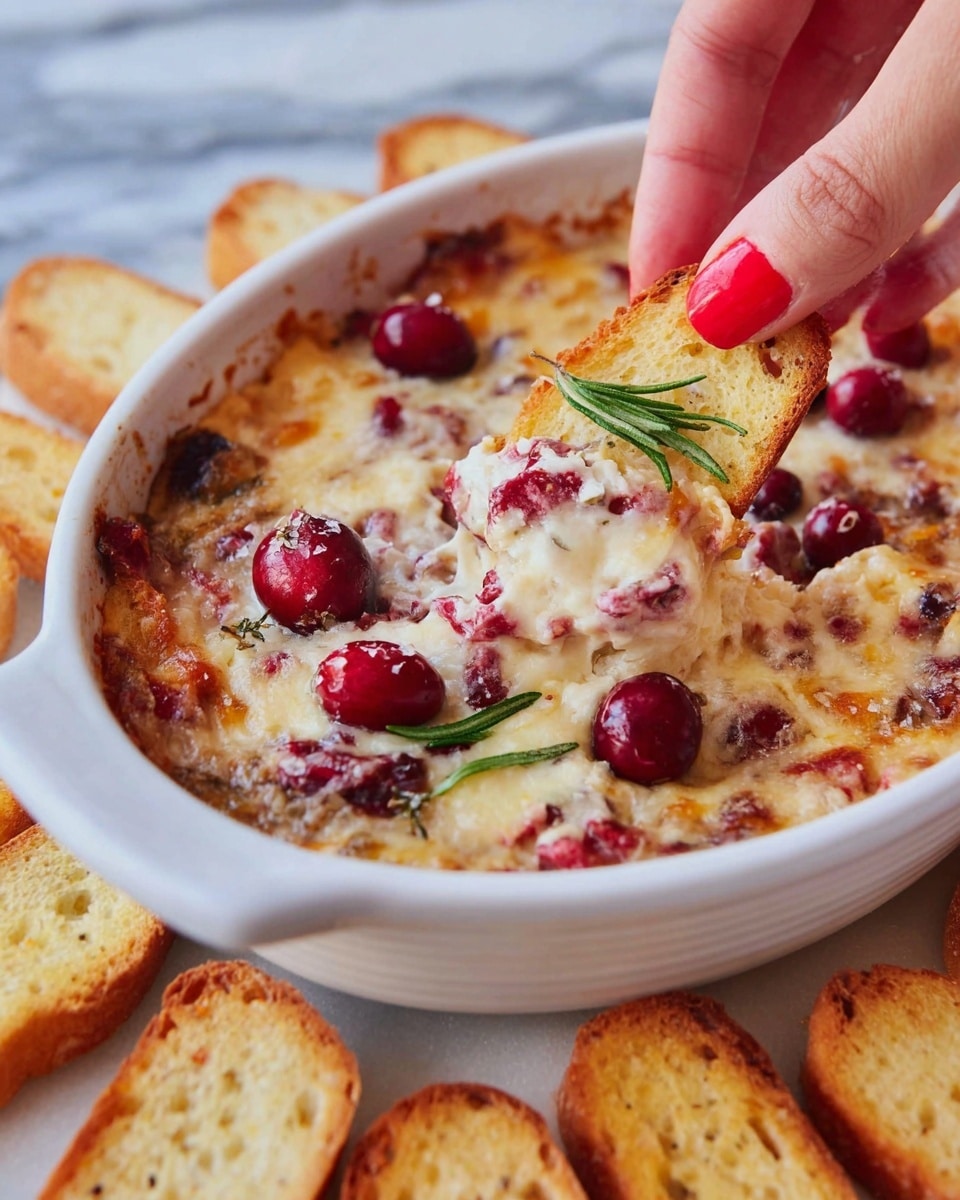 A white casserole dish filled with a creamy, melted cheese dip mixed with red cranberry pieces, creating a speckled texture of smooth white and vibrant red. The top layer is a bubbly, golden-brown cheese crust with scattered whole cranberries and a small sprig of green rosemary as garnish, placed slightly off-center. A woman's hand with red nail polish is dipping a golden brown toasted baguette slice, textured with small salt grains on the surface, into the cheese dip. Below the dish, several toasted baguette slices are spread on a white marbled surface, showing their crisp, buttery texture and light golden color. Photo taken with an iphone --ar 4:5 --v 7