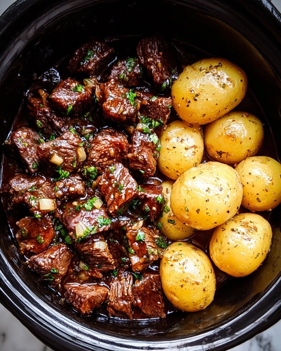 The dish shows two main layers inside a black pot: on the left side, there are many small, medium-brown beef chunks with a glossy texture, sprinkled with green herbs and small bits of onion, all coated in a rich dark brown sauce; on the right side, there are several whole, golden baby potatoes with a smooth, slightly shiny surface and little specks of black seasoning. The beef and potatoes are packed close but distinct, sitting side by side in the black pot, which contrasts with the white marbled background. Photo taken with an iphone --ar 4:5 --v 7