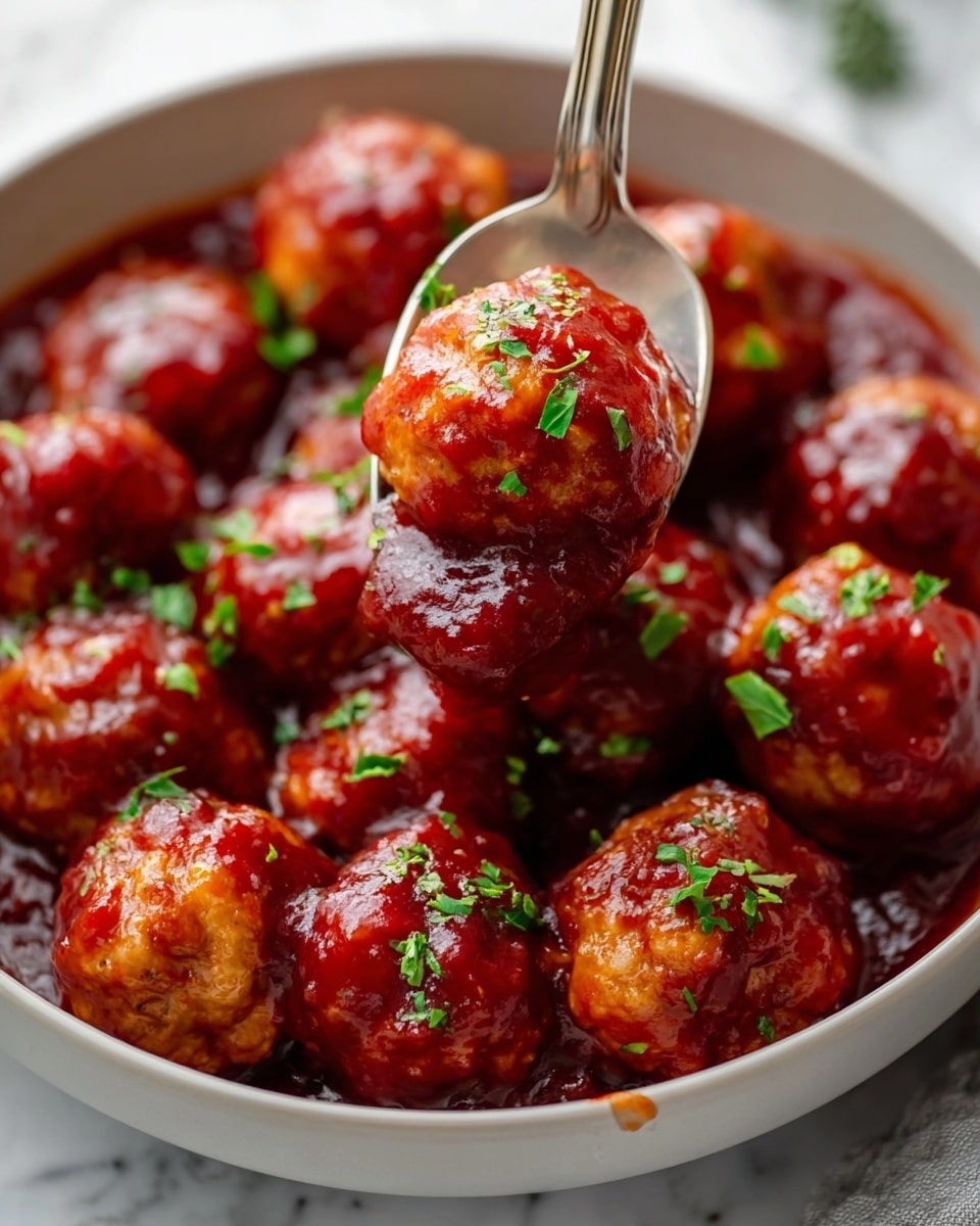 The image shows a close-up of many small golden-brown meatballs covered in thick, shiny deep red sauce inside a white bowl. The sauce looks smooth and glossy with a rich texture, and small pieces of green herbs are sprinkled on top of the meatballs, adding a fresh contrast. A silver spoon lifts one meatball coated fully in the sauce, highlighting the glossy surface and hint of the soft inside meat. The background is a white marbled texture, making the colors of the meatballs and sauce stand out clearly. Photo taken with an iphone --ar 4:5 --v 7