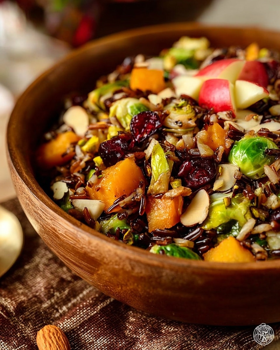 A wooden bowl filled with a mixed salad showing many layers: chunks of orange roasted squash, sliced green Brussels sprouts, pieces of red apple, dark dried cranberries, and light brown nuts and seeds scattered throughout. The colors are bright and fresh, with a mix of soft and crunchy textures visible. The bowl sits on a rough textured brown cloth with a white marbled surface underneath and blurred apples and a glass in the background. photo taken with an iphone --ar 4:5 --v 7