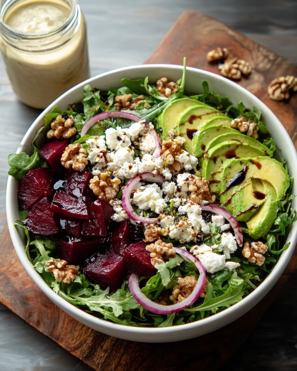A bowl filled with a fresh salad sits on a white marbled surface, showing three main layers. The bottom layer is dark green arugula leaves, providing a textured, leafy base. Above that, there are deep red beet pieces spread evenly, offering a smooth and glossy contrast. The top layer features bright green avocado slices, crumbled white goat cheese, thin purple onion rings, and small chunks of light brown walnuts, all scattered across the salad. A drizzle of dark balsamic vinegar adds a shiny touch over the layers. In the background, there is a jar of creamy dressing. The bowl itself is white with a smooth texture. Photo taken with an iphone --ar 4:5 --v 7