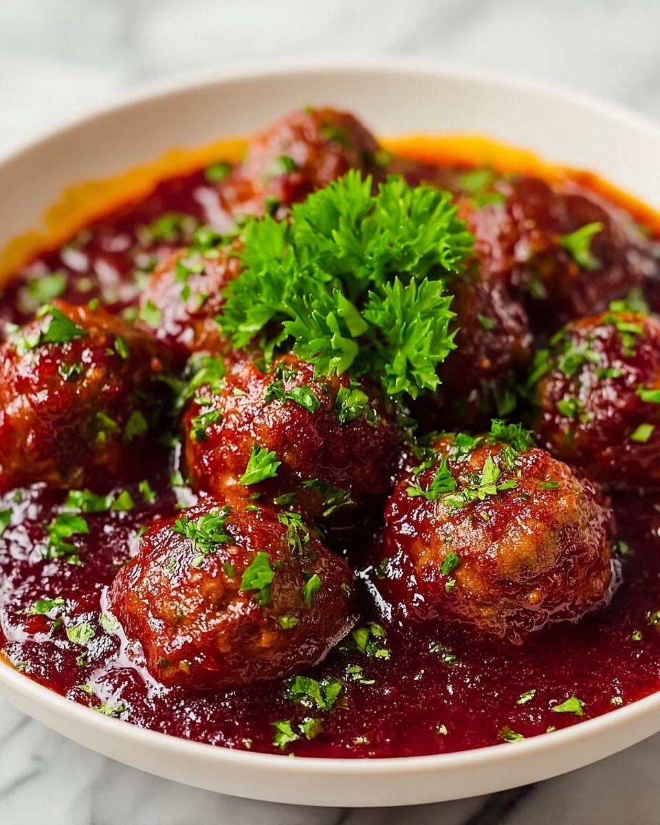 The dish shows several brown meatballs covered with a shiny dark red sauce that looks thick and slightly chunky, sitting in a shallow layer of the same sauce at the bottom of a white bowl. Bright green chopped herbs are sprinkled over the meatballs and sauce, with a small bunch of fresh green parsley in the center on top. The meatballs are round and textured with a slightly crispy look where they are uncovered by the sauce. The bowl is set against a white marbled background. photo taken with an iphone --ar 4:5 --v 7