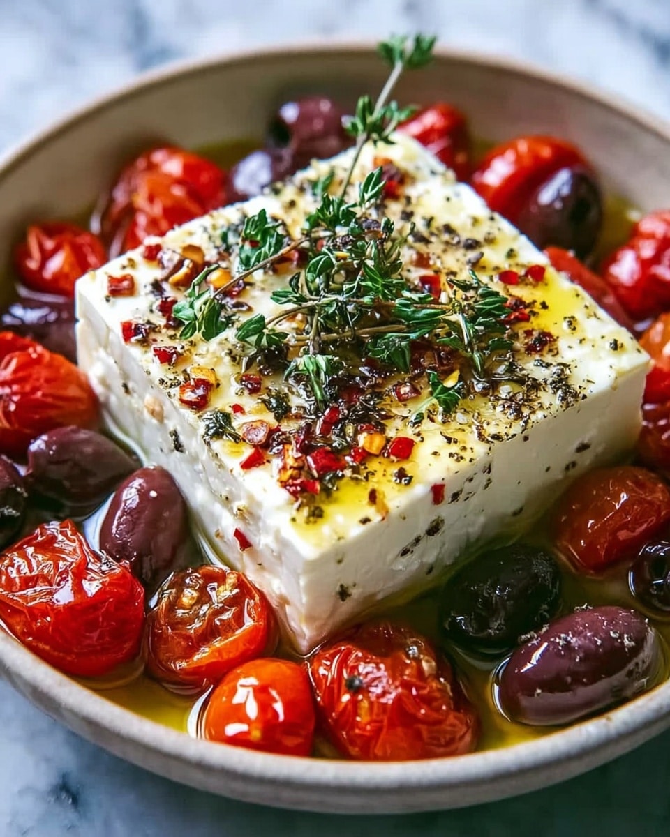 A square block of white feta cheese is placed in the center of a white bowl filled with small, roasted cherry tomatoes that are bright red and slightly charred, along with dark purple olives scattered around the cheese. The cheese block is sprinkled with black pepper and red chili flakes, and it is topped with fresh green thyme sprigs. Olive oil is drizzled generously over the cheese and tomatoes, creating a shiny surface with small pools of oil around the bowl. The bowl is set on a white marbled surface. photo taken with an iphone --ar 4:5 --v 7