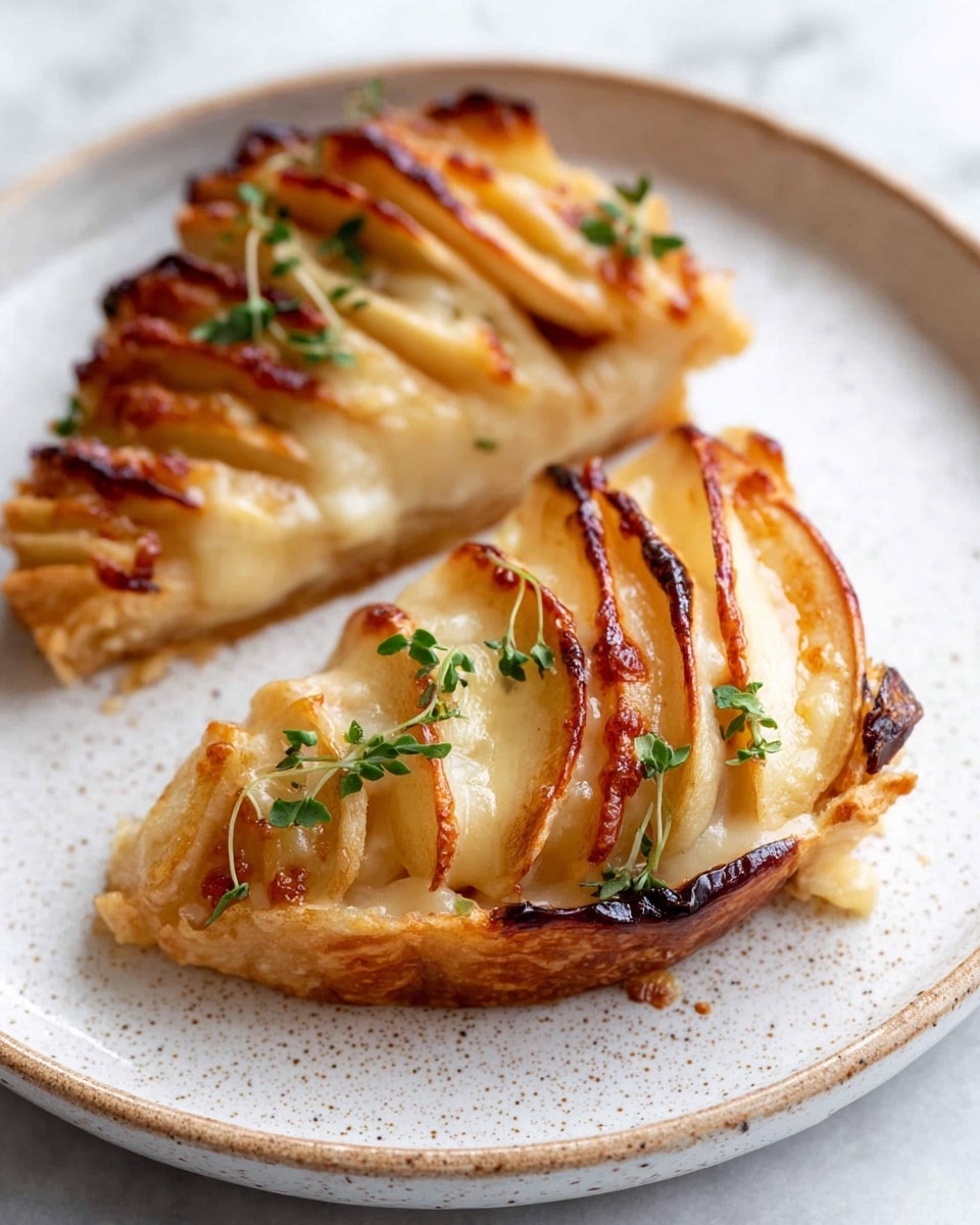 The image shows two baked slices of apple wrapped in a golden brown, slightly charred crust with a glossy finish, placed side by side on a white plate with subtle speckles. Each tart has thinly sliced apple pieces arranged in neat overlapping layers forming a curved base, with a light caramel color and soft texture. On top, a layer of melted cheese with browned spots adds a creamy sheen, while fresh small green herb leaves are scattered delicately over the surface for a touch of color and freshness. The background surface is a white marbled texture. photo taken with an iphone --ar 4:5 --v 7