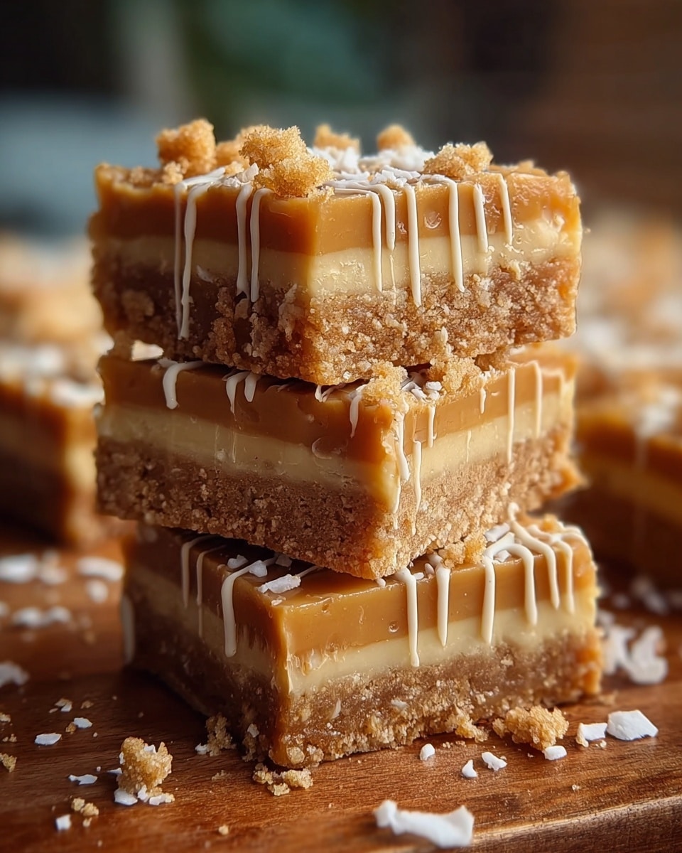 Three square pieces of dessert bars are stacked on top of each other, each bar having two visible layers. The bottom layer is dense and crumbly with a golden brown color and rough texture. The top layer is smooth and creamy with a light caramel color. On top of the bars, there are small crumbles scattered, adding texture. Thin white drizzle runs down from the top layer over the sides. The bars sit on a wooden surface with more crumbs and white flakes around them. The background is softly blurred, focusing attention on the dessert bars. photo taken with an iphone --ar 4:5 --v 7