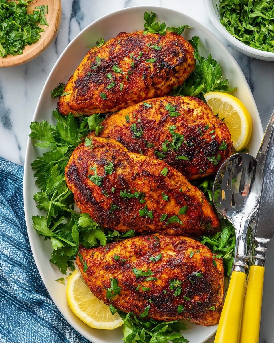 The image shows four grilled chicken breasts with a rich reddish-brown seasoning on top, placed on a bed of fresh green parsley in a white oval plate. The chicken looks juicy with a slightly crispy texture, sprinkled with small pieces of chopped green herbs. There are lemon wedges placed at the top and bottom edges of the plate, adding a bright yellow contrast. A shiny metal fork and spoon with yellow handles rest on the right side of the plate. In the background, there is a white bowl filled with chopped green herbs on a white marbled surface, with a blue and white striped cloth partially visible. Photo taken with an iphone --ar 4:5 --v 7