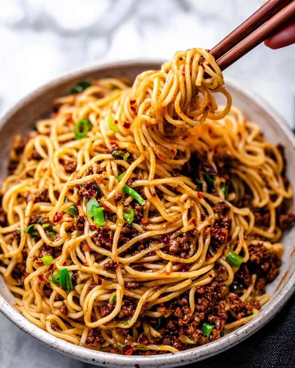 A close-up of a single-layered dish of noodles mixed with ground meat and chopped green onions inside a white bowl, the noodles are light golden with a slightly oily texture and red chili flakes sprinkled throughout, the ground meat is dark brown and crumbly, garnished sparsely with bright green onion pieces. A pair of wooden chopsticks held by a woman's hand is lifting a twisted bundle of noodles above the bowl. The background is a white marbled texture. photo taken with an iphone --ar 4:5 --v 7