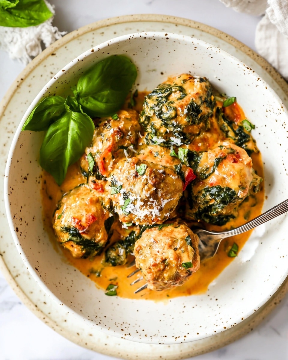 The dish shows six round, creamy orange meatballs mixed with dark green spinach leaves inside a white speckled bowl, itself placed on a white speckled plate. The meatballs are covered in a thick orange sauce with visible bits of red and green herbs throughout. Some grated white cheese is sprinkled on top of the meatballs. A silver fork rests inside the bowl, with its prongs touching one meatball broken open to show its soft, moist interior. Fresh green basil leaves garnish the side of the plate against a white marbled surface in the background. Photo taken with an iphone --ar 4:5 --v 7