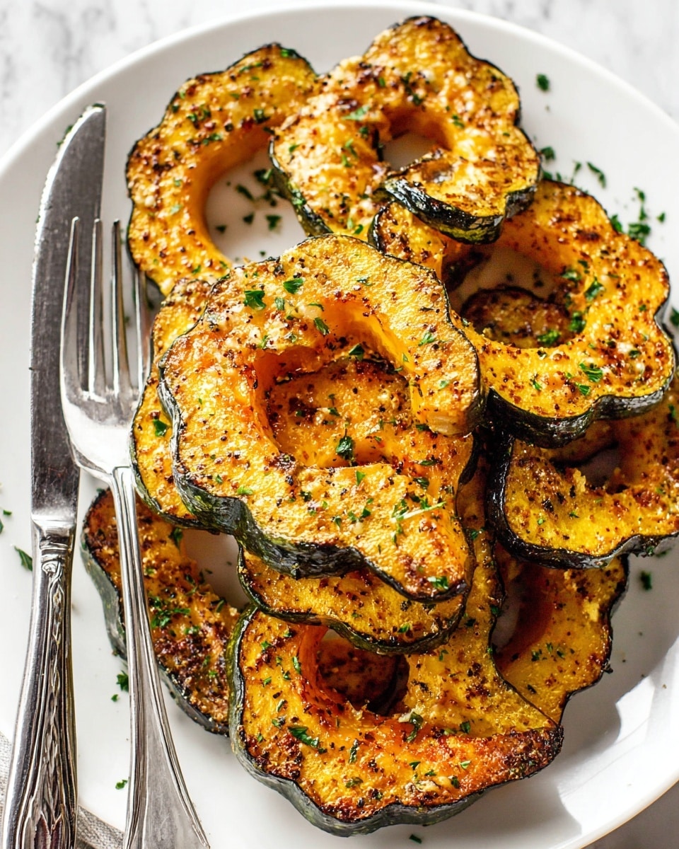 The image shows a white plate filled with roasted acorn squash slices, each about one layer thick, arranged in a slightly overlapping pile. The squash has a rich golden-orange color with dark green edges showing the skin, and a crispy, lightly browned texture on the top with visible small bits of seasoning and melted cheese. Small green parsley flakes are sprinkled over the squash, adding a fresh pop of color. A silver fork and knife rest on the left side of the plate. The plate is placed on a white marbled surface. photo taken with an iphone --ar 4:5 --v 7