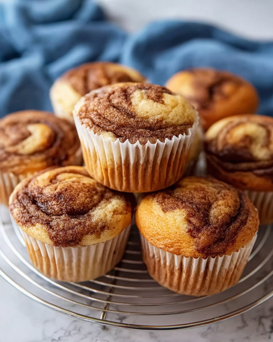The image shows six cinnamon swirl muffins arranged closely on a round wire rack. Each muffin has one main layer of golden brown dough with visible swirls of dark cinnamon in the middle and top, creating a marbled effect. The texture looks soft and fluffy, with the cinnamon swirls forming irregular patterns on the rounded tops. All muffins are wrapped in white paper liners with slight crinkles and a soft, matte finish. The background features a crumpled blue cloth and a white marbled surface underneath the wire rack. Photo taken with an iphone --ar 4:5 --v 7