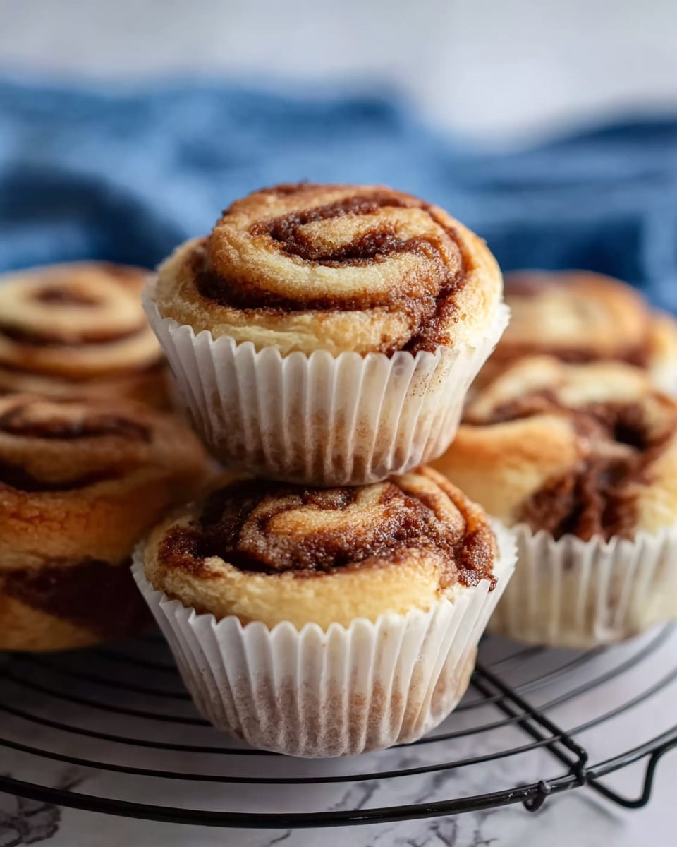 A group of cinnamon rolls stacked on a black wire cooling rack, each roll sitting in white paper liners. The rolls have a soft, golden-brown dough base with swirled layers of dark brown cinnamon filling visible on top. The texture looks fluffy and slightly crumbly, with a shiny surface hinting at a light glaze or butter. The background has a white marbled texture and there is a blurred blue cloth in the back. photo taken with an iphone --ar 4:5 --v 7