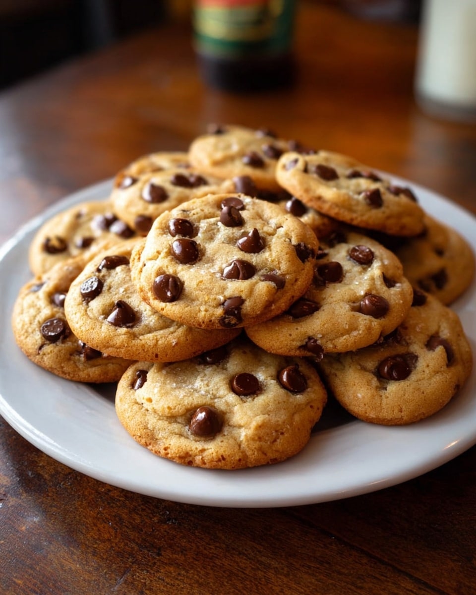 A white plate filled with about a dozen golden brown chocolate chip cookies stacked on top of each other, each cookie round with a soft, slightly uneven texture and dotted generously with dark brown chocolate chips, some chips melted slightly into the dough, others sitting on top; a few chocolate chips are scattered on a wooden surface in front of the plate, all set against a white marbled textured background with blurred warm lights and a glass of milk in the background. photo taken with an iphone --ar 4:5 --v 7