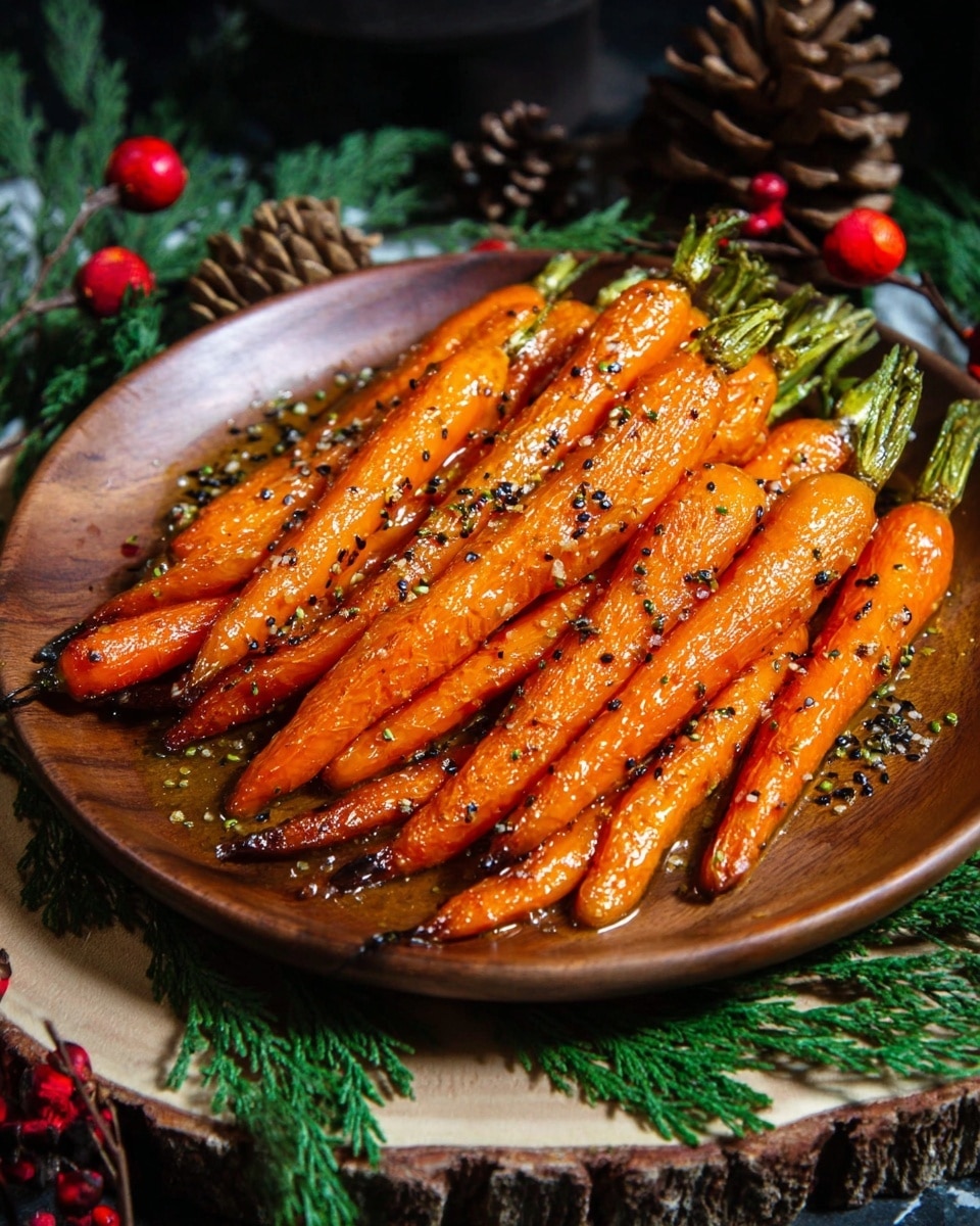 A round wooden plate holds a pile of roasted carrots, about ten in total, each carrot bright orange with a shiny glaze and tiny black seeds sprinkled on top. The carrots are arranged in a loose stack, showing their green tops and slightly charred edges. The plate sits on a thick wooden slice, adding rustic texture. Around the plate are green pine branches, pine cones, and red berries, creating a festive, natural setting with a dark background blurred out. photo taken with an iphone --ar 4:5 --v 7