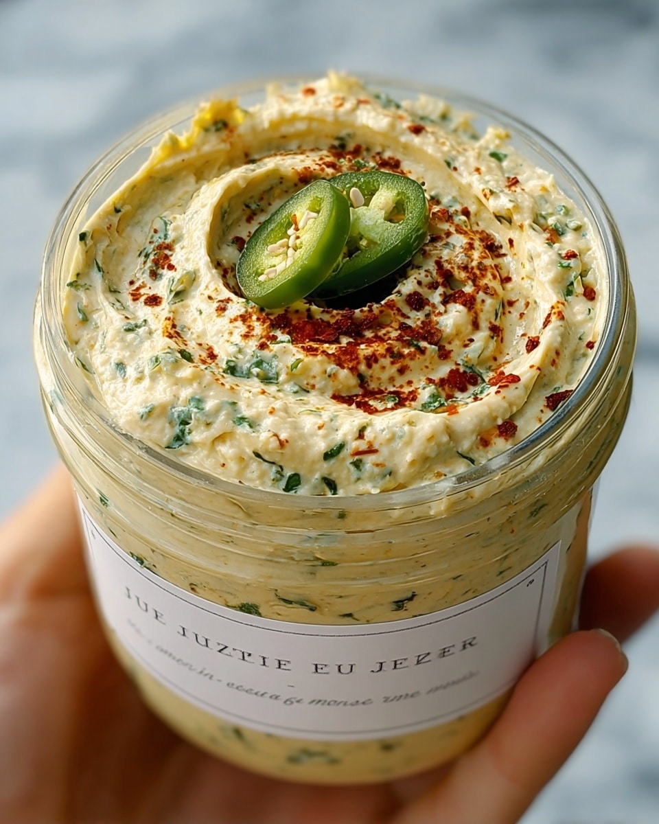 A clear glass jar filled with a creamy, pale yellow dip speckled with green and red herbs and spices, with a single slice of green jalapeño placed on top in the center. The dip has a slightly thick and textured look with small visible bits, filling the jar almost to the top with some swirled peaks. A white cracker with small black seeds is partially dipped into the jar, leaning against the side, while a woman's hand holds the jar from behind. The background is a soft green blur, and the surface is changed to a white marbled texture. Photo taken with an iphone --ar 4:5 --v 7