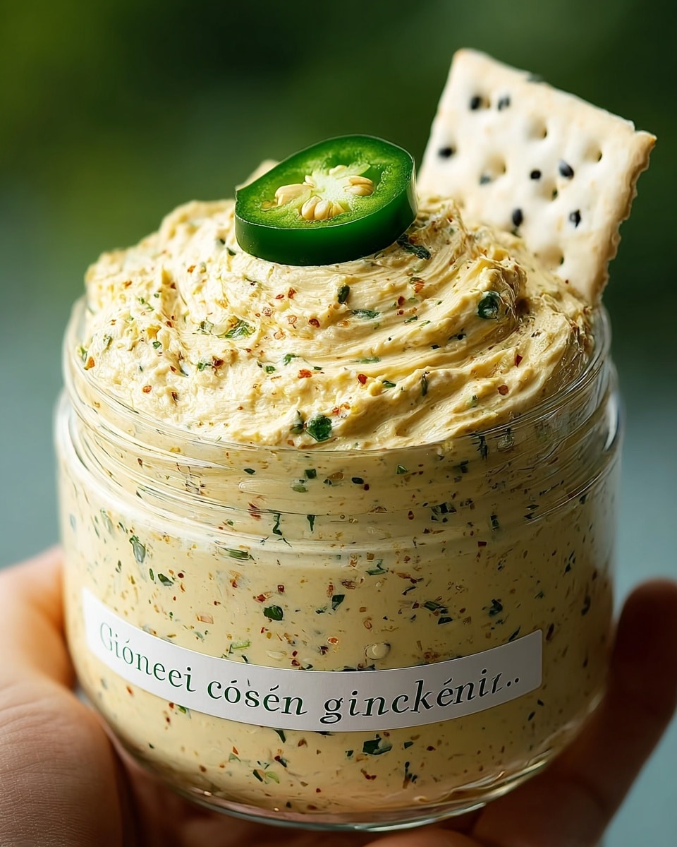 A clear glass jar filled with a creamy, pale yellow dip speckled with green herbs is held by a woman's hand. The dip has a thick texture with visible small herb pieces mixed throughout. On top, there is a swirl pattern with a dusting of bright red chili powder and two slices of green jalapeño pepper placed in the center. The jar has a white label with blurred text. The background features a soft white marbled texture. photo taken with an iphone --ar 4:5 --v 7