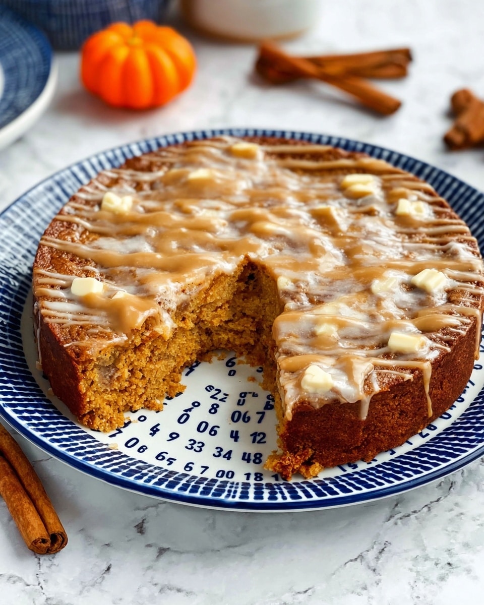 A round dessert with a thick golden brown base full of visible white chocolate chunks sits in a white plate with blue number patterns inside. The top of the dessert is drizzled with a light brown icing layer that adds a glossy texture. A large section has been eaten from one side, showing the moist, dense texture of the filling and the white chocolate pieces inside. The plate rests on a white marbled surface with cinnamon sticks and a small pumpkin-shaped candy nearby. photo taken with an iphone --ar 4:5 --v 7