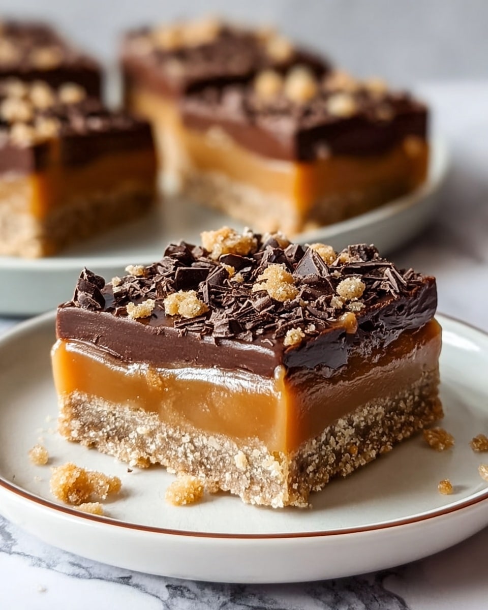 A square dessert bar sits on a white plate with a thin brown rim, placed on a white marbled surface. The dessert has four layers: the bottom layer is a rough, crumbly light tan crust, above it is a smooth, shiny caramel layer in golden brown, the third layer is a thick, glossy dark brown chocolate spread, and the top layer is sprinkled with small dark chocolate shavings and some more crumbly bits scattered on the surface. The dessert is cut into a neat square with clean edges showing all layers clearly, and more pieces of the same dessert are blurred in the background. Photo taken with an iphone --ar 4:5 --v 7