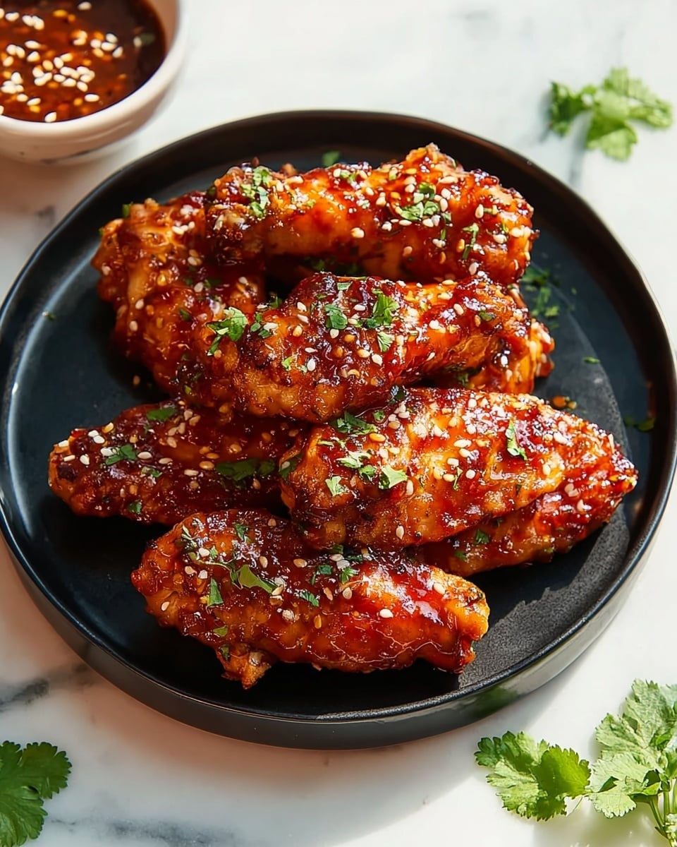 A black plate holds a pile of eight chicken wings covered in thick, glossy reddish-brown sauce with a shiny texture. The wings have a slightly crispy skin showing under the sauce and are sprinkled evenly with white sesame seeds and small green herb leaves. Around the plate and on the white marbled surface, scattered bright green herb leaves add fresh color contrast. In the top left corner, there is a white bowl partially visible filled with a similar thick sauce topped with sesame seeds. The scene is bright with soft natural light highlighting the glistening sauce and textures on the wings, giving a fresh, appetizing look. Photo taken with an iphone --ar 4:5 --v 7