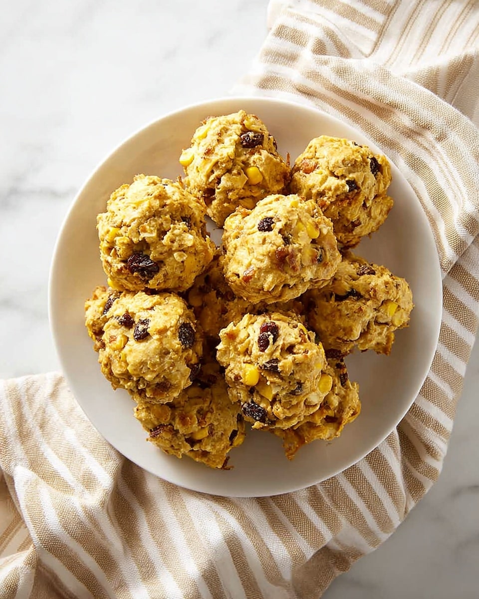 A white plate is full of round, chunky biscuit-like balls that have a rough, crumbly texture, with visible bits of yellow corn and dark brown raisins mixed in. The biscuits have a golden brown color on top, indicating they are baked, and their uneven shapes show a homemade feel. The plate rests on a white marbled surface with a beige and white striped cloth casually placed around it. Photo taken with an iphone --ar 4:5 --v 7
