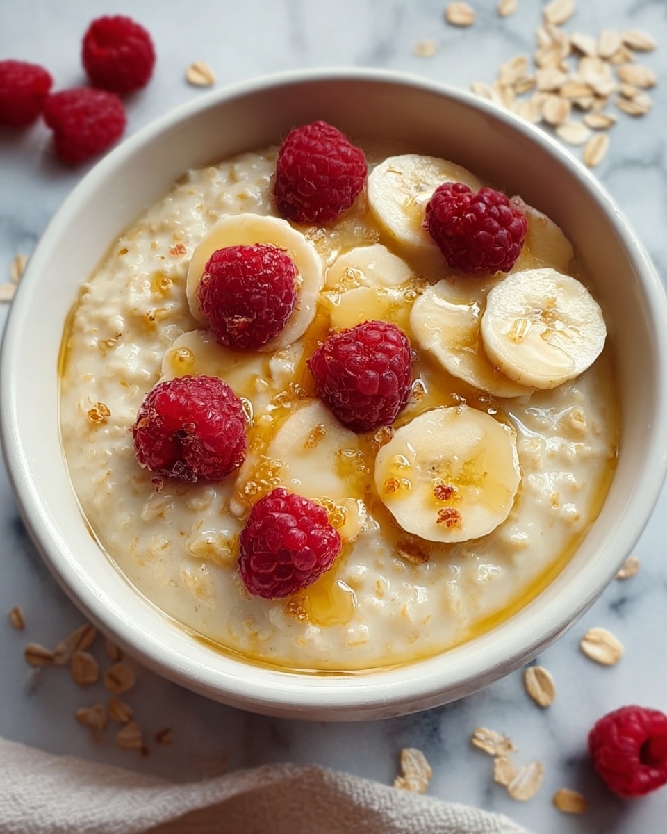 A white speckled bowl holds a creamy beige oatmeal base with a smooth, slightly lumpy texture, topped in the center with a small pile of fresh dark blue blueberries, some whole and some cut in half showing greenish interiors, scattered lightly surrounded by small pieces of chopped brown nuts, all glistening with a thin layer of honey or syrup. The bowl rests on a white marbled surface next to cracked light brown eggshell halves and white ceramic jars with cork and lids, with a white cloth partially underneath the bowl. photo taken with an iphone --ar 4:5 --v 7