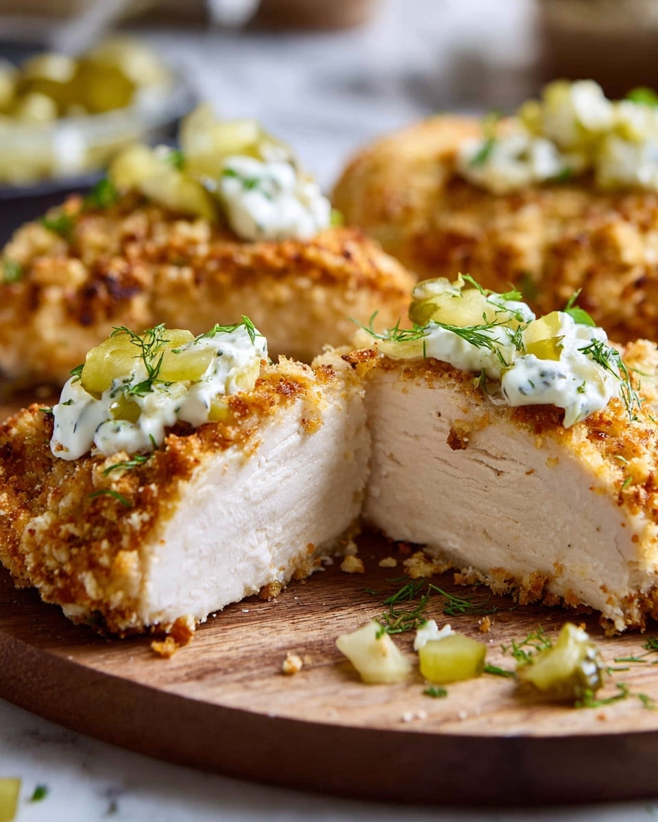 The image shows a close-up of a crumb-coated chicken breast sliced in half, revealing its juicy white interior. The dish has three main layers: the bottom cooked chicken layer is white and smooth, the middle crumb coating is golden brown with a crispy texture, and the top is dotted with dollops of white creamy sauce garnished with small green herb sprigs and chopped pale green pickles. The pieces are placed on a wooden plate, and there are some scattered herb leaves and pickle pieces around the chicken. The background is softly blurred, highlighting the chicken on a white marbled surface. Photo taken with an iphone --ar 4:5 --v 7