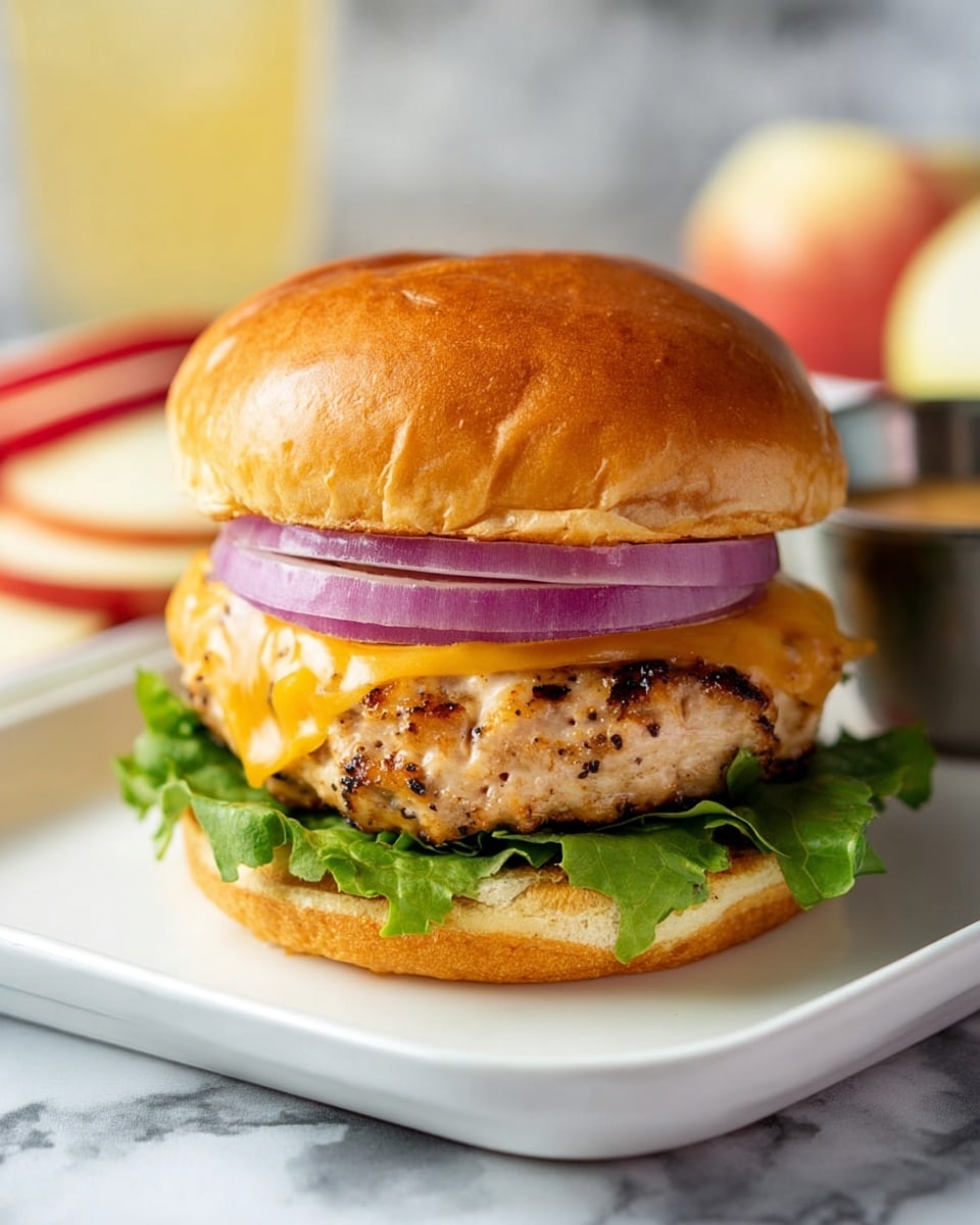 A chicken burger with a golden brown soft bun on top, beneath it are two rings of purple onion sitting on a slice of melted orange cheddar cheese. Below the cheese is a thick, grilled chicken patty with a slightly charred texture and light brown color. At the bottom, under the patty, is a fresh green leaf of lettuce, resting on the bottom bun, which is light brown and fluffy. The burger sits on a white plate on a white marbled surface, with blurred apple slices and a metal cup of sauce in the background. photo taken with an iphone --ar 4:5 --v 7