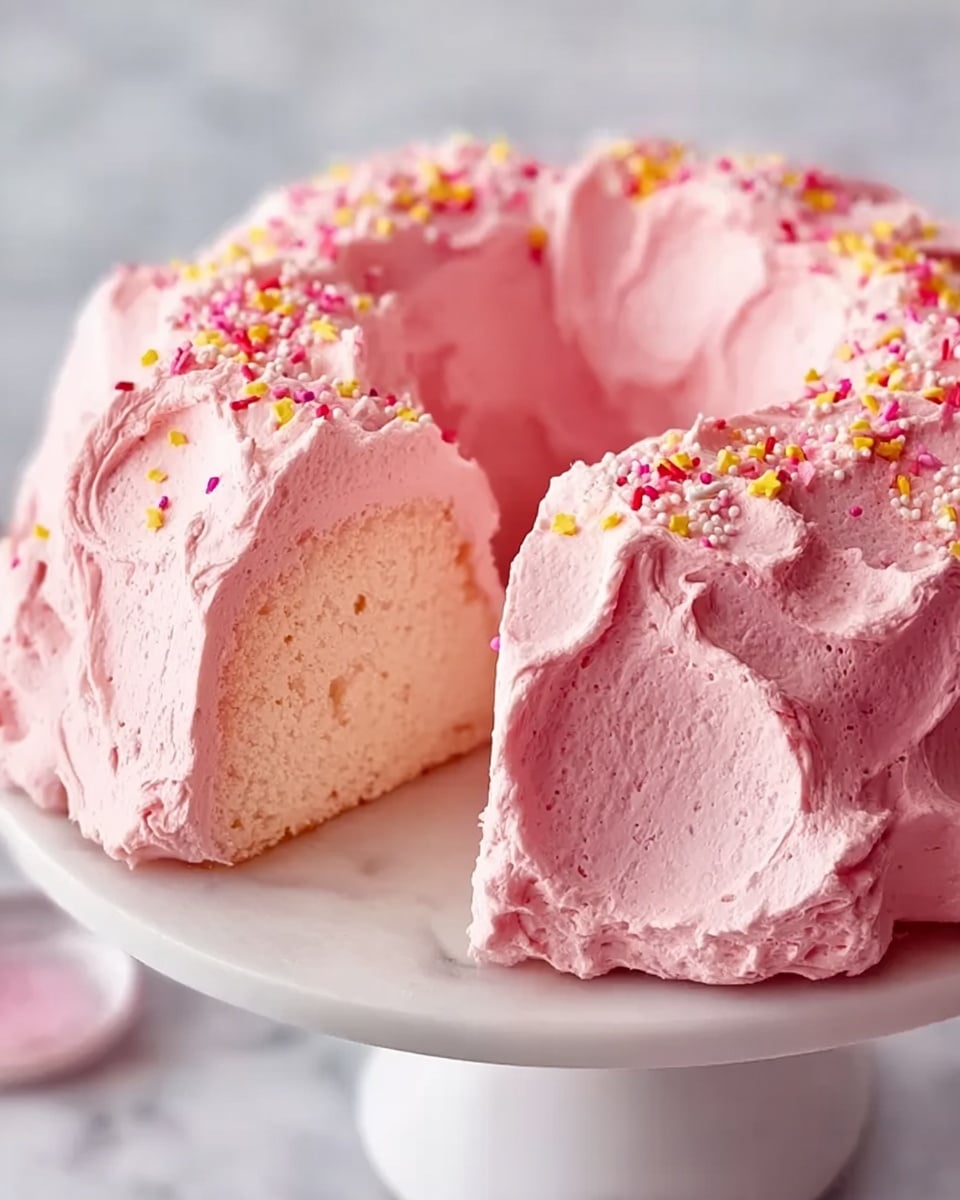 A pink frosted bundt cake is shown on a white cake stand set on a white marbled surface. The cake has two main layers: a light pink fluffy sponge cake inside and a thick, creamy pink frosting covering it on the outside. The frosting has a textured, swirled look, with small colorful sprinkles in yellow, white, and bright pink scattered over the top. A single slice is removed, revealing the soft, airy inside contrasted with the smooth frosting. The lighting highlights the creamy texture and the gentle pastel colors of the cake, photo taken with an iphone --ar 4:5 --v 7