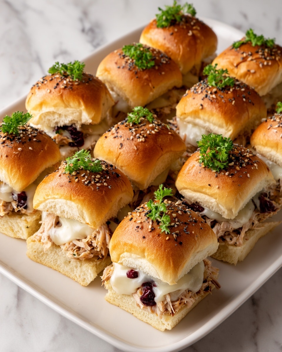 A white plate holds ten small sandwiches arranged neatly. Each sandwich has a soft golden-brown bun topped with mixed seeds and small green parsley leaves. Inside, there are three layers: the bottom bun is soft and white inside, the middle layer consists of shredded light brown turkey meat mixed with small bits of dark red cranberry, and the top layer is melted creamy white cheese slightly dripping over the turkey. The sandwiches sit on a white marbled surface. photo taken with an iphone --ar 4:5 --v 7