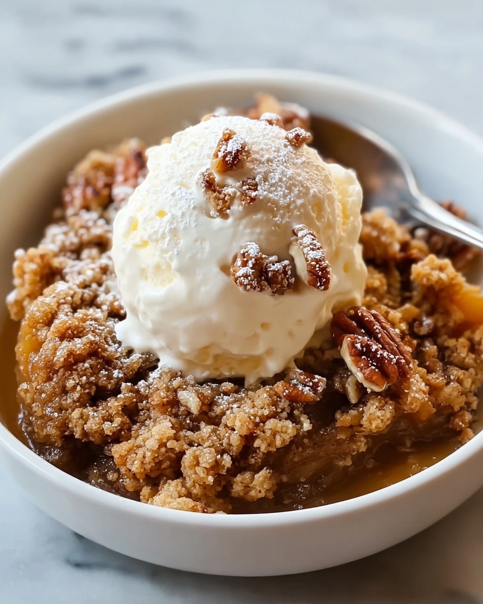 A close-up of a white bowl showing a warm dessert with three main layers: a bottom layer of soft, golden-brown cooked filling, a middle layer of crumbly brown streusel topping mixed with whole pecans, and a top layer of smooth, slightly melting white vanilla ice cream dusted lightly with powdered sugar and some crumbled streusel bits. The bowl is placed on a surface with a white marbled texture. photo taken with an iphone --ar 4:5 --v 7