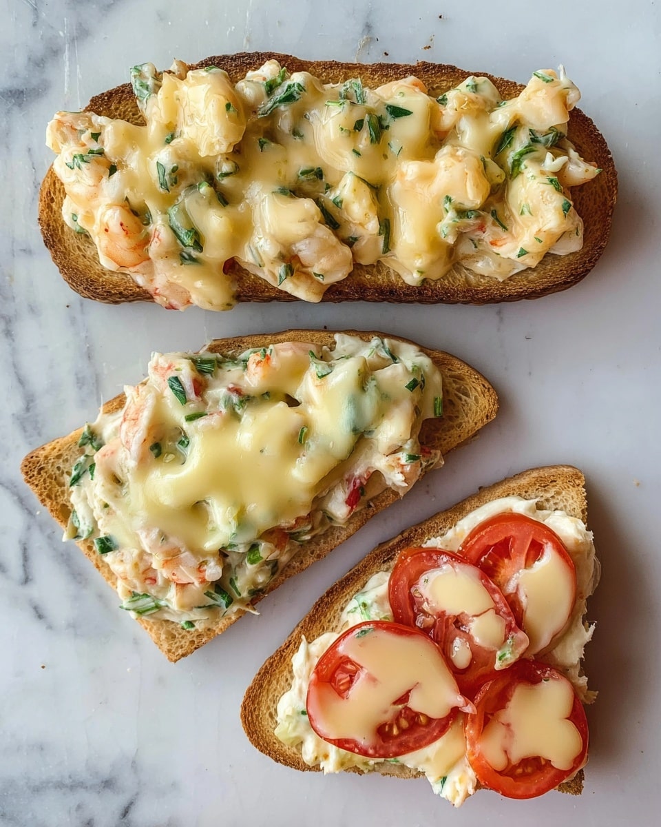 The image shows three pieces of open-faced toast on a white marbled surface. The top piece is a long slice of toasted bread with a layer of chopped shrimp mixed with green herbs and creamy sauce, topped with melted light yellow cheese. Below it, there are two smaller triangular pieces of toasted bread with a base layer of creamy mixture including chopped herbs and shrimp, topped with one or two slices of red tomato each, and covered with melted cheese. The melted cheese on all pieces has a slightly bubbly, smooth texture and a pale yellow color. Photo taken with an iphone --ar 4:5 --v 7