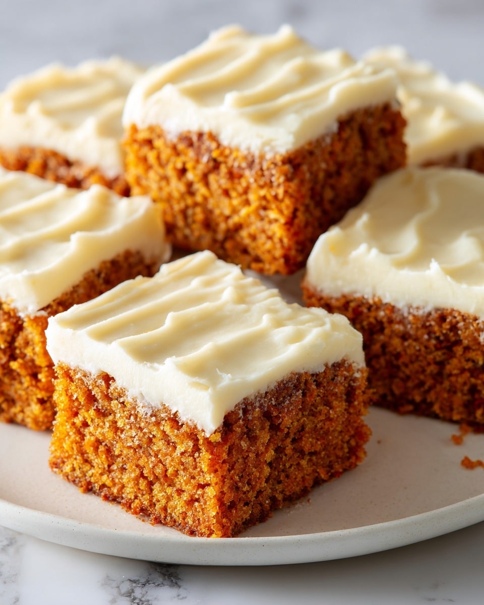 The image shows several square slices of cake arranged on a white plate, placed on a white marbled surface. Each cake slice has two layers: the bottom layer is thick, moist, and orange-brown with a slightly crumbly texture, while the top layer is a smooth, creamy white frosting that covers the entire surface evenly with gentle swirls. The cakes are close together, with clear edges and a soft, moist appearance. Photo taken with an iphone --ar 4:5 --v 7