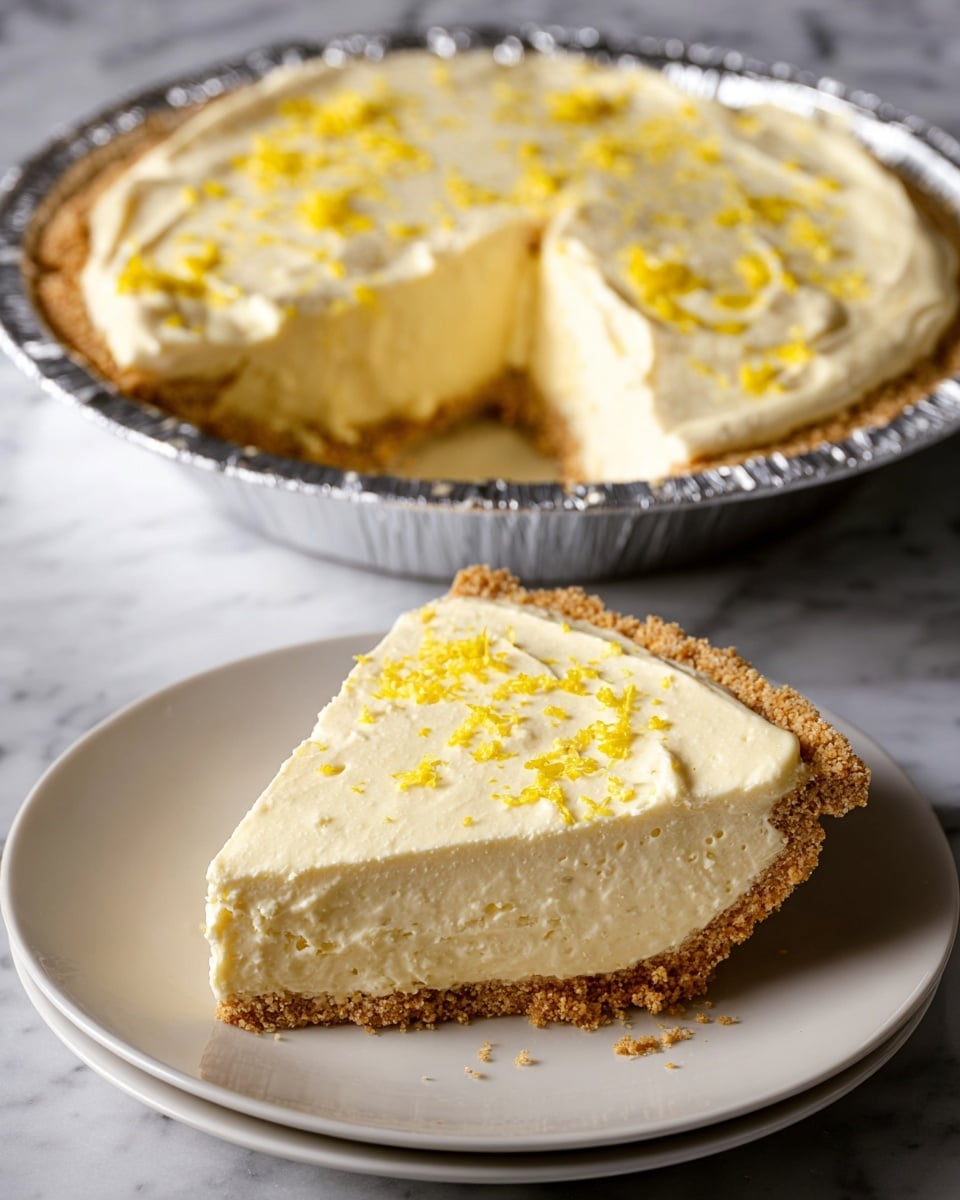 The image shows a creamy lemon pie with two clear layers: a crumbly golden brown crust on the bottom and a thick, smooth pale yellow filling on top. The filling has a light, airy texture with some small holes, and the top is spread evenly with bright yellow lemon zest sprinkled over it. A large slice is cut out and placed on a simple white plate in the front, showing the crust’s thickness and the creamy filling’s height. The rest of the pie is in a silver foil pie tin in the background, all resting on a white marbled surface. Photo taken with an iphone --ar 4:5 --v 7