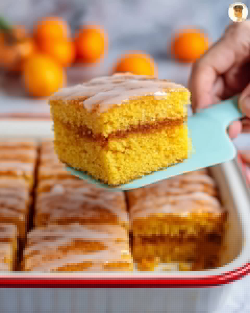 A square piece of bright orange cake with two soft, spongy layers is lifted by a woman's hand holding a light blue spatula. Between the layers, there is a thin, darker orange filling that looks moist and slightly sticky. The top layer is coated with a smooth, shiny, pale glaze that glistens under the light. The cake piece is held above a white baking dish with a red rim, showing several more similar square pieces arranged neatly inside it. The background is blurred with small orange fruits, and the whole scene is set on a white marbled surface. photo taken with an iphone --ar 4:5 --v 7