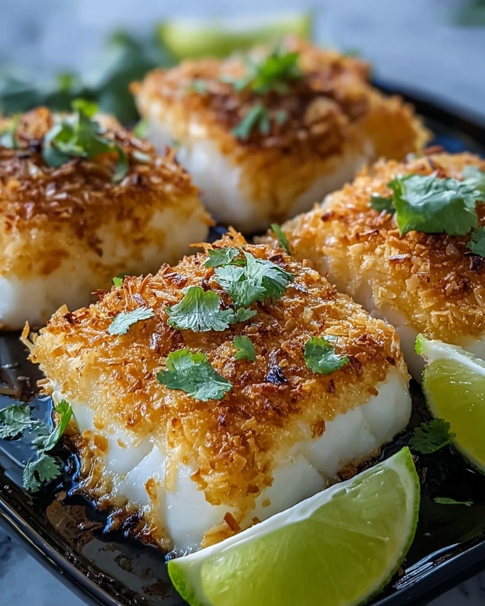 The image shows four square pieces of fish with a crispy golden-brown topping, which looks like toasted coconut flakes, placed closely together on a shiny black dish. Each piece has a white, flaky base layer of fish underneath the crunchy topping, and they are garnished with small fresh green cilantro leaves scattered on top. At the side of the dish, two green lime wedges with a juicy texture add a fresh accent. The background is a soft blur, with the dish sitting on a white marbled surface. Photo taken with an iphone --ar 4:5 --v 7
