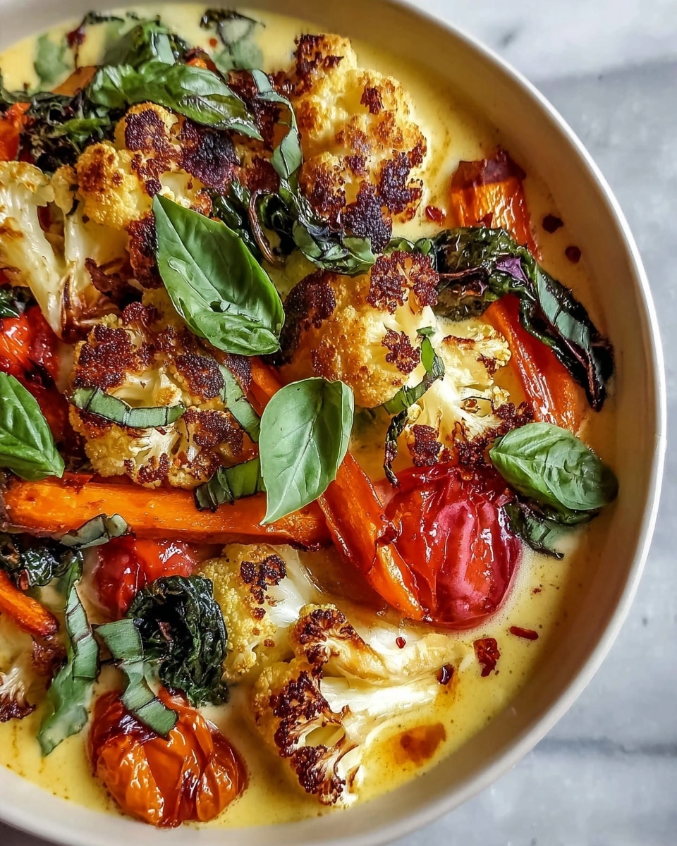 A white bowl filled with roasted vegetables in creamy sauce, featuring three main layers: at the bottom, a smooth pale yellow cream sauce with a slightly glossy texture; the middle layer contains orange carrot sticks and red tomato pieces, both roasted with slight charring; the top layer consists of golden-brown cauliflower florets with charred edges, wilted dark green leafy herbs scattered around, and fresh bright green basil leaves placing a fresh touch on top; the overall look is warm, vibrant, and slightly glossy with contrasting textures photo taken with an iphone --ar 4:5 --v 7