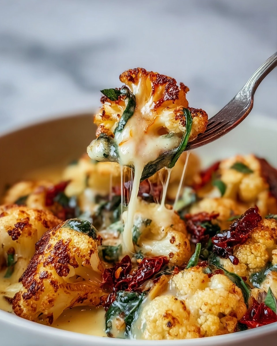 A close-up image shows a fork lifting a piece of roasted cauliflower with melted cheese stretching from the dish below. The dish features multiple golden-brown cauliflower florets, some slightly charred for texture, mixed with wilted green spinach leaves and dark red sun-dried tomatoes scattered throughout. The creamy melted cheese coats the cauliflower and spinach, pooling slightly at the bottom. The dish is served in a white bowl with a white marbled texture in the background, enhancing the warm, rich colors of the food. photo taken with an iphone --ar 4:5 --v 7