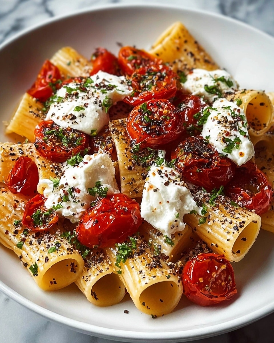 A white plate filled with large, tube-shaped pasta pieces that are light golden in color, forming the bottom layer. On top, bright red roasted cherry tomatoes, some whole and some halved, add vibrant color and texture. Dollops of soft white cheese are scattered evenly over the pasta and tomatoes. The entire dish is sprinkled with finely chopped green herbs and a generous dusting of coarse black pepper and other spices, giving a speckled texture on the surface. The plate rests on a white marbled surface. photo taken with an iphone --ar 4:5 --v 7
