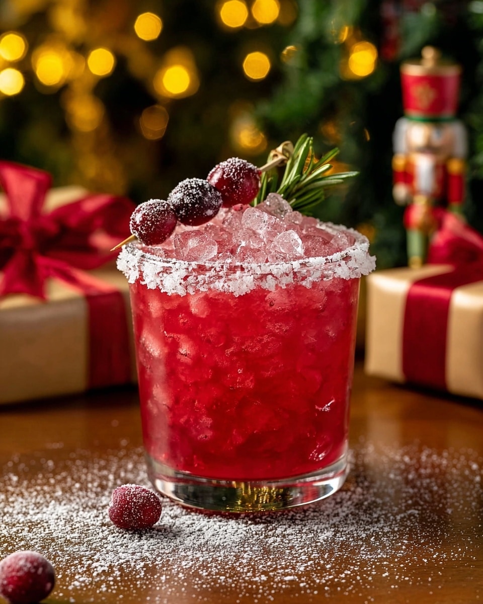 A clear glass filled with bright red crushed ice drink, showing many icy chunks inside, topped with a skewer holding three sugar-coated cranberries and a small green rosemary sprig. The rim of the glass is coated with coarse white sugar crystals. The glass sits on a wooden surface dusted with powdered sugar, with one sugar-coated cranberry resting near the base. In the blurred background, there are wrapped gifts with red ribbons, a Christmas tree with yellow lights, and a nutcracker decoration. photo taken with an iphone --ar 4:5 --v 7