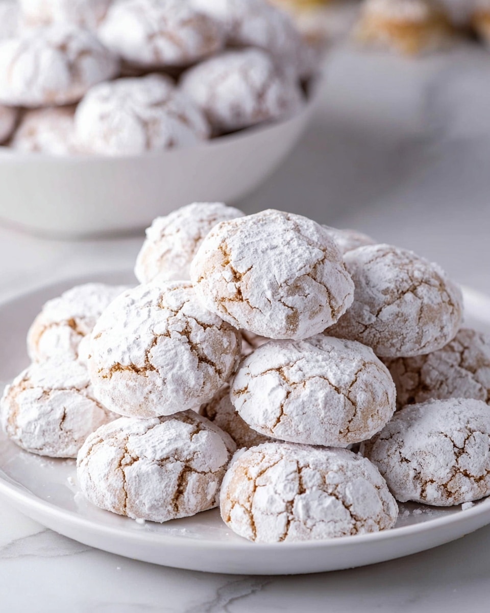 A white plate filled with many small round cookies, each covered with a thick layer of white powdered sugar that creates a cracked texture on the light brown cookie beneath; the cookies are stacked closely together, giving a sense of abundance. In the background, there is a white bowl also filled with similar cookies, all placed on a white marbled surface. The soft lighting adds a gentle shadow, highlighting the powder's texture and the cookies' round shape. photo taken with an iphone --ar 4:5 --v 7