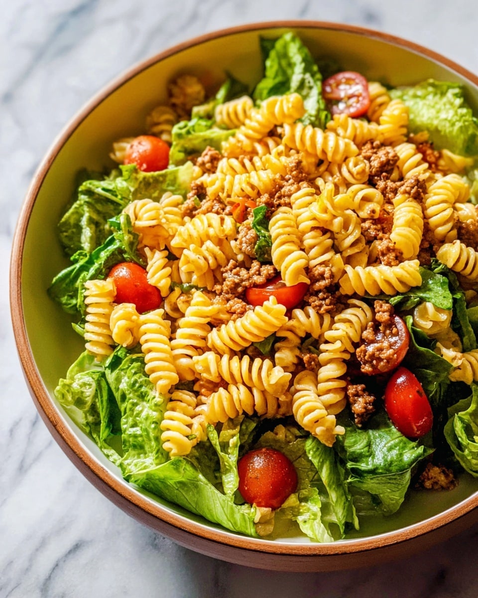 The image shows a bowl of pasta salad with three main layers visible. The bottom layer is fresh green lettuce leaves with a crisp texture, spread evenly around the bowl. On top of the lettuce is a layer of yellow spiral rotini pasta, mixed throughout and coated lightly with dressing. Scattered evenly among the pasta and lettuce are small chunks of brown ground meat and bright red cherry tomato halves, adding spots of color and texture contrast. The bowl holding the salad is white with a smooth finish, placed on a white marbled surface. photo taken with an iphone --ar 4:5 --v 7